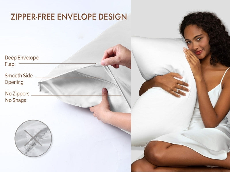 Zipper-free envelope design pillowcase diagram showing deep envelope flap, smooth side opening, and no-snag features, with woman embracing white silk pillow