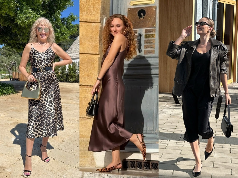 Three women modeling different styles of silk dresses: left shows a leopard print slip dress, center displays a chocolate brown midi slip dress, and right features a black slip dress paired with a leather jacket