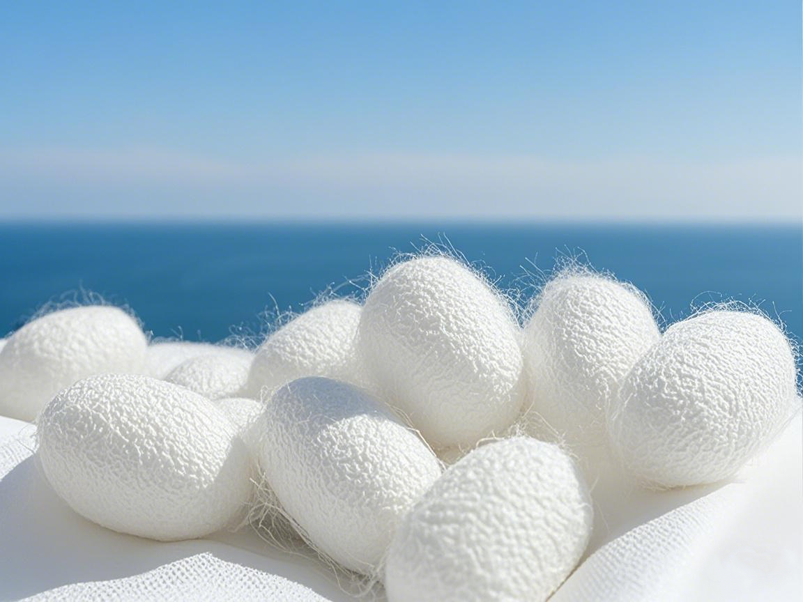 White mulberry silk cocoons by the sea, showcasing the natural source of luxurious silk used in Silksilky products.
