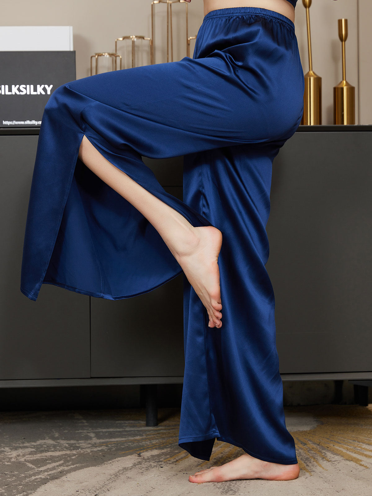 Silksilky Comfy Silk Pants Split Hem Silk Wide Leg Pants for Women
