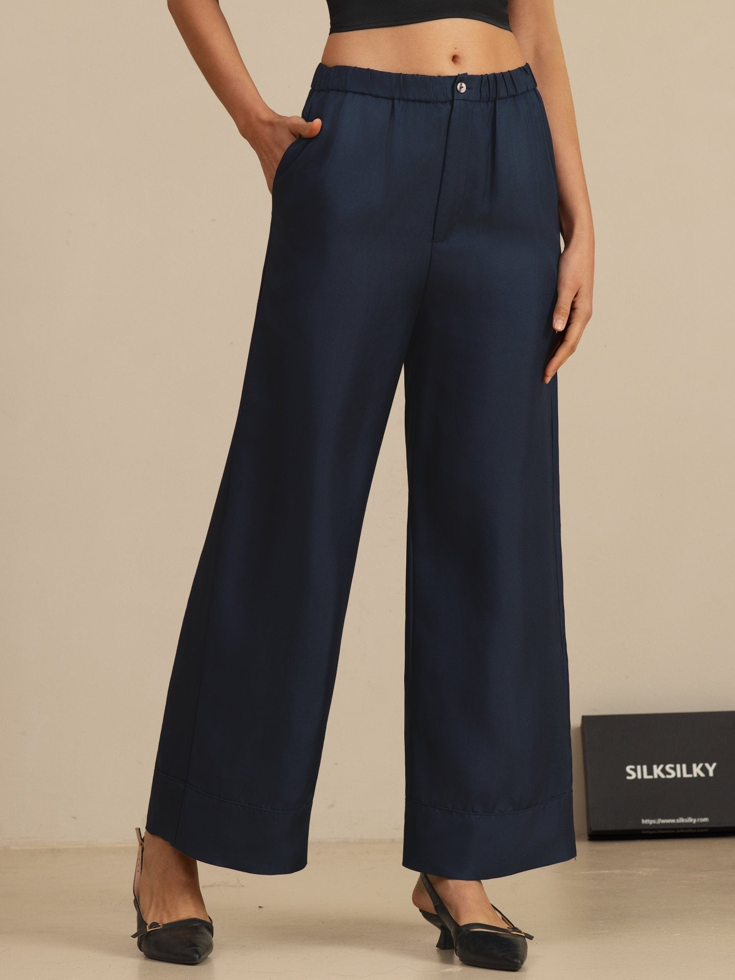 SilkSilky Women's Pure Silk High Waist Elastic Waist Pants With Pockets, Dark Blue / L(10/12) SilkSilky Women's Pure Silk High Waist Elastic Waist Pants With Pockets, Dark Blue / L(10/12)
