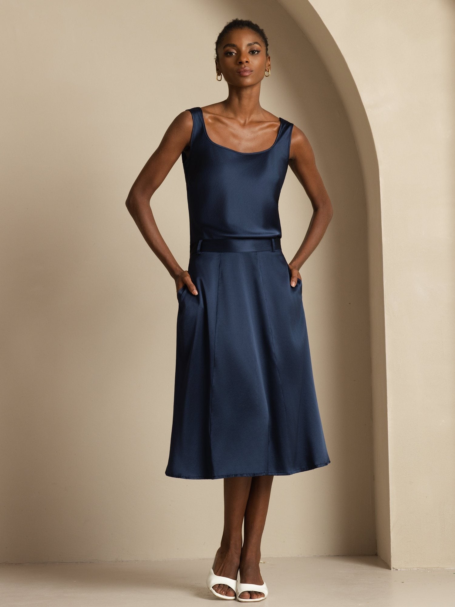 SilkSilky Silk High-Waist A-Line Midi Skirt with Pockets, Dark Blue / M(8) SilkSilky Silk High-Waist A-Line Midi Skirt with Pockets, Dark Blue / M(8)