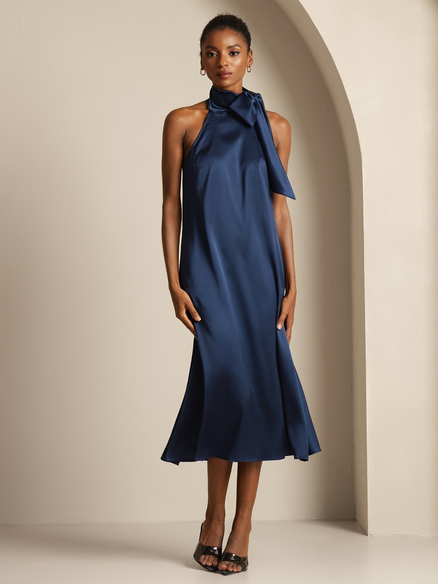 SilkSilky Women's Silk Tie Neck Midi Dress, 19-Momme, Dark Blue / XL(14)
