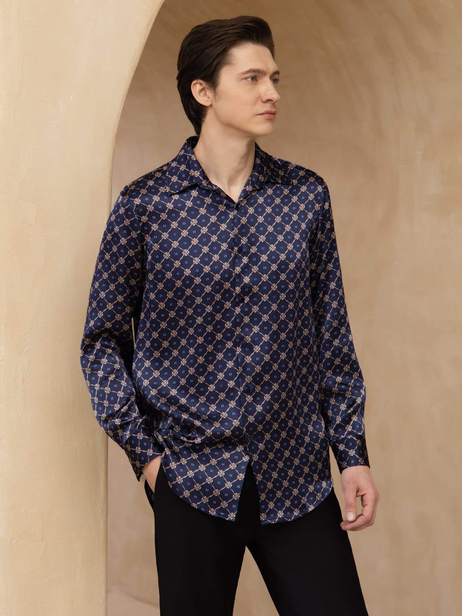 Pure Silk Men's Long Sleeve Lapel Collar Chain Print Shirt SILKSILKY Pure Silk Men's Long Sleeve Lapel Collar Chain Print Shirt SILKSILKY
