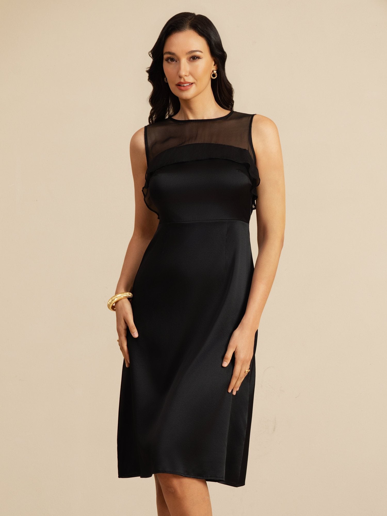 SilkSilky 19Momme Pure Silk Illusion Neck Sleeveless Knee Length Dress, Black / XL(14)
