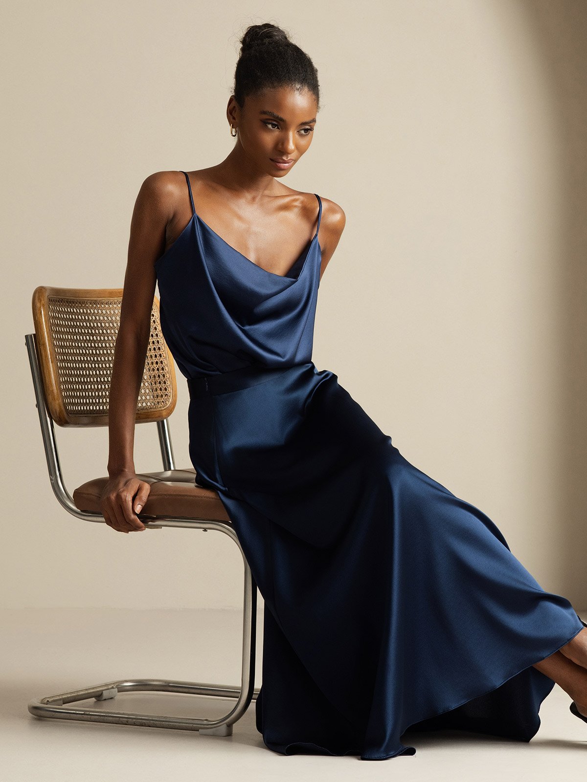 camisole dress SilkSilky 19Momme Silk Cowl Neck Spaghetti Strap Camisole Top & A Line Maxi Skirt, Dark Blue / L(12)