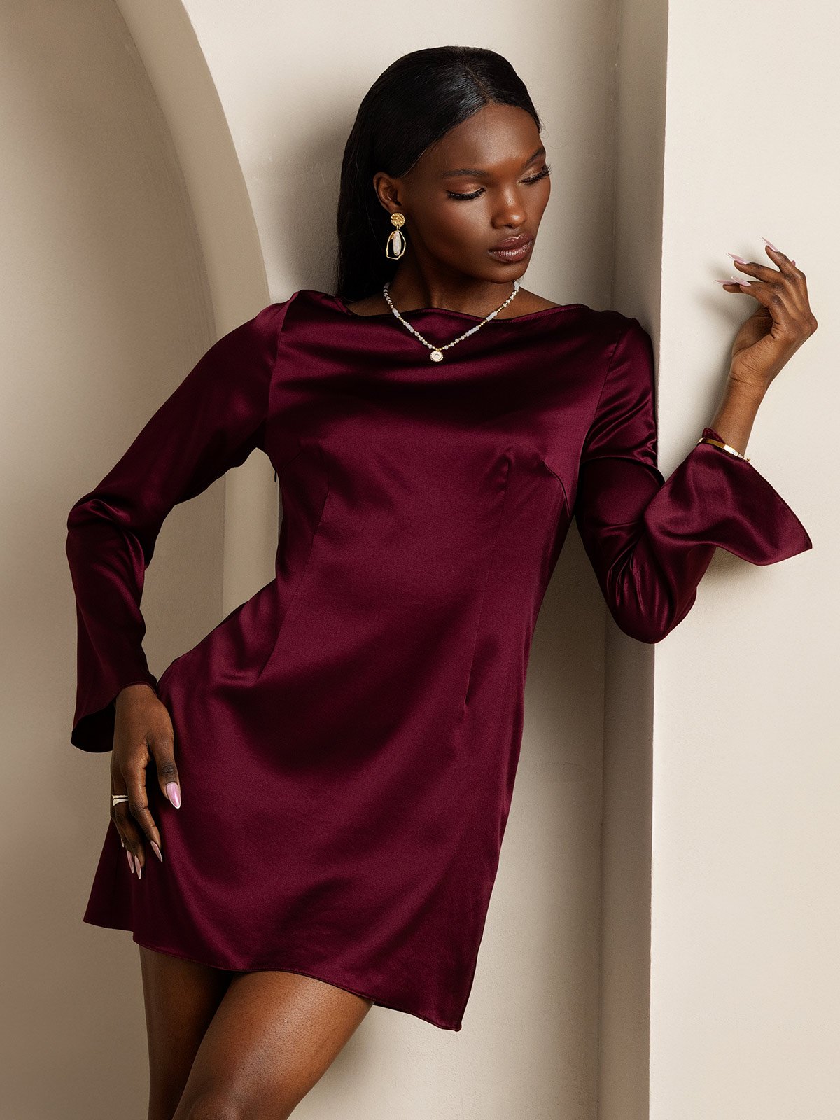 dark red long sleeve dress SilkSilky 19Momme Silk Long Sleeve Boat Neck Short Dress, Dark Red / S(6)