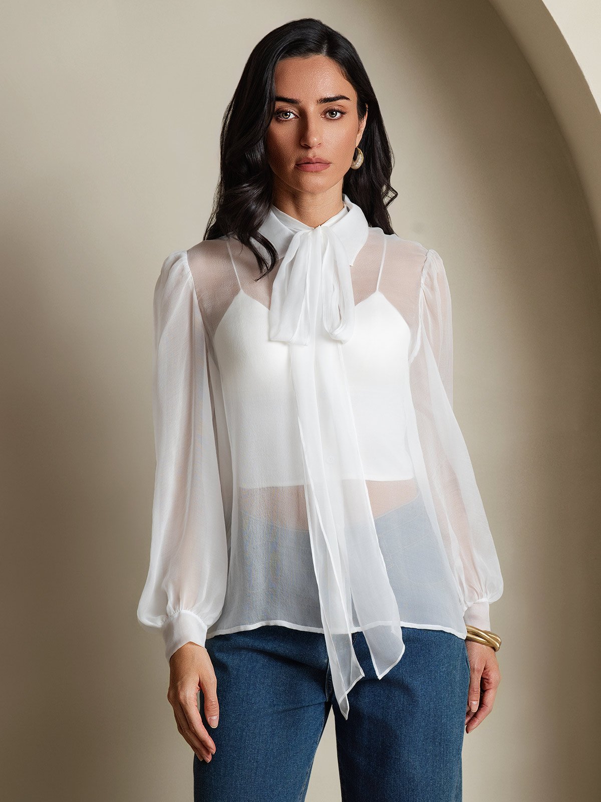 Silk Chiffon Sheer Blouse | Lantern Sleeve Tie Neck – SILKSILKY