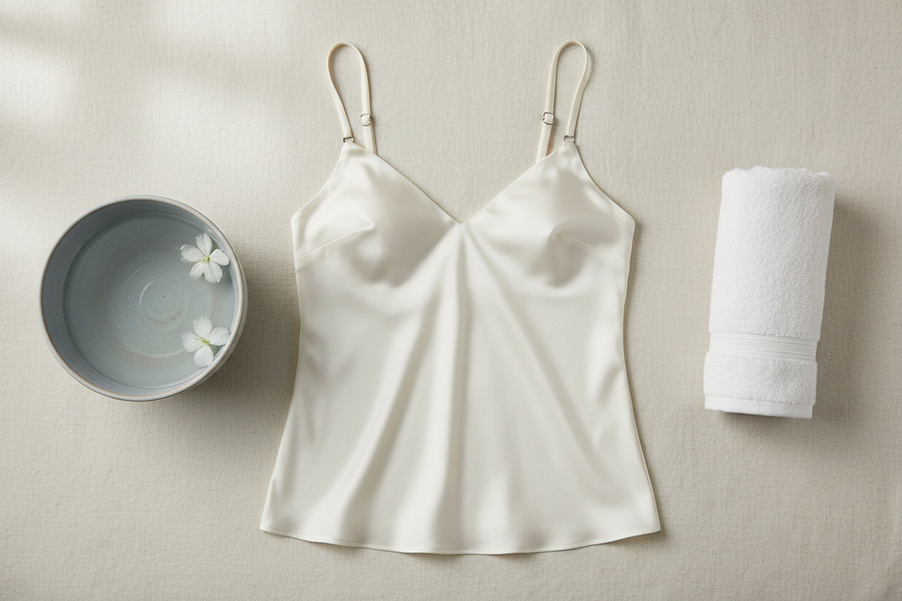 A silk camisole with adjustable straps laid flat for careful washing and drying.