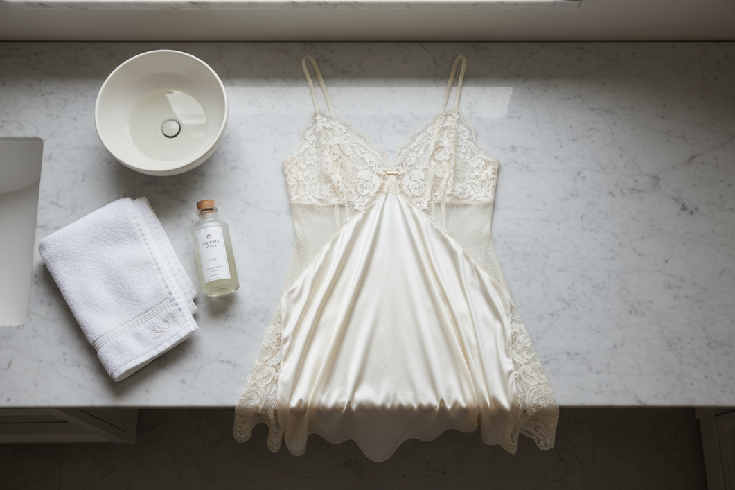 Silk nightgown with lace and mesh laid out for gentle care