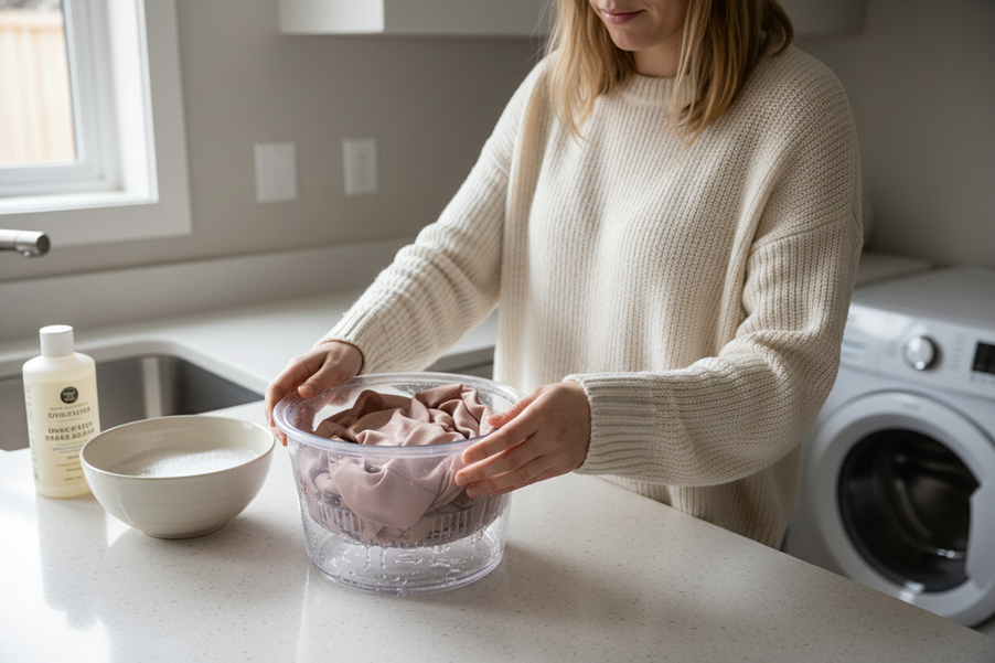 Editorial photo of a person gently using a salad spinner to remove excess water from a silk garment in a clean home laundry setting
