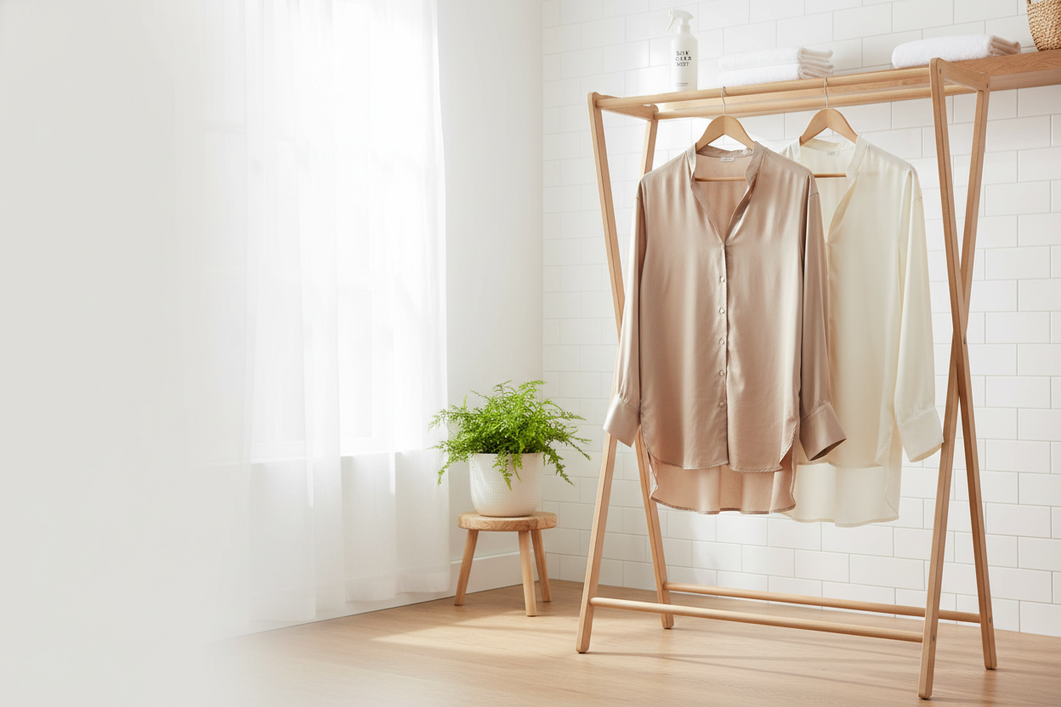 Rough silk garment hanging to dry beside a smooth silk garment for comparison.