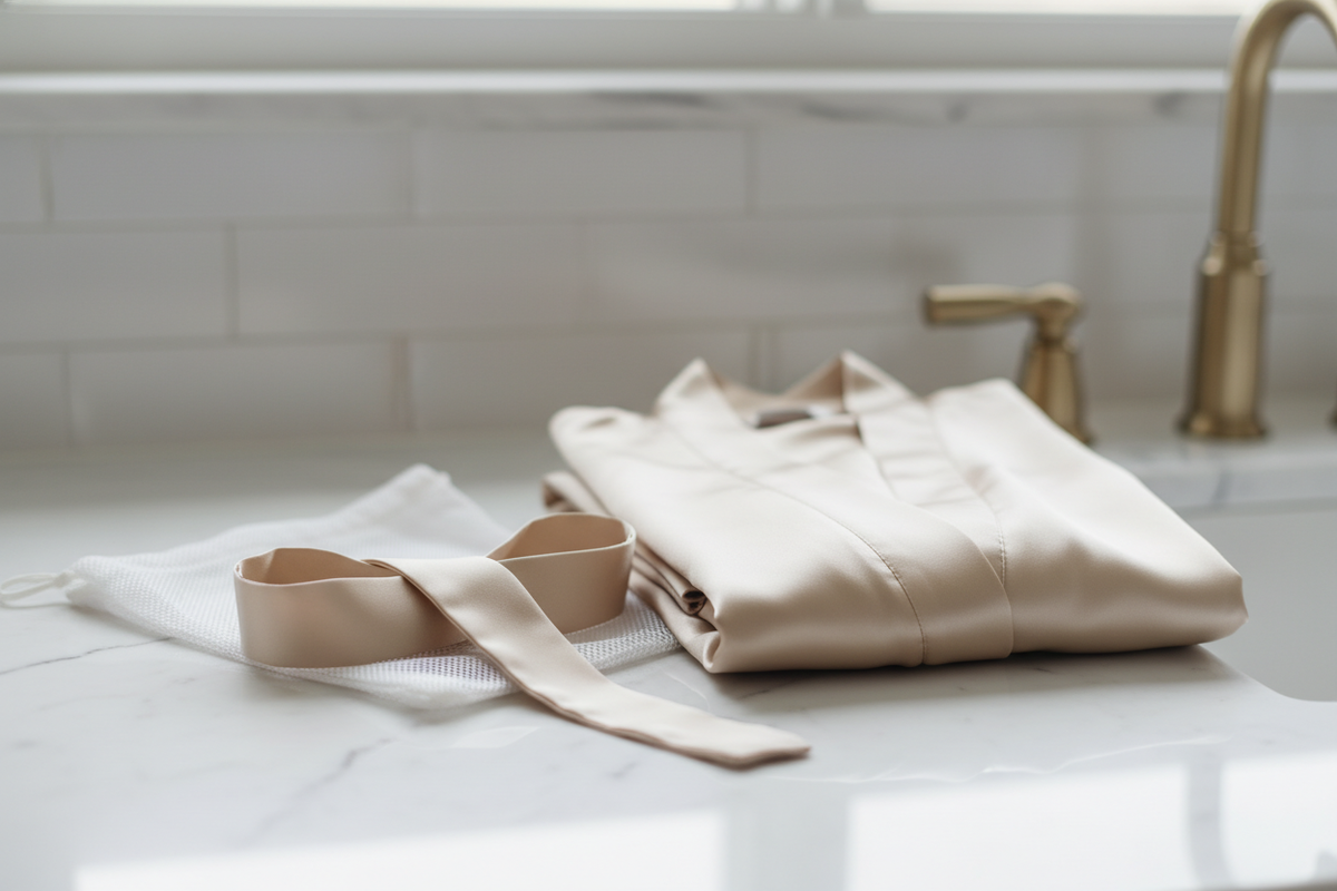 Silk robe with attached belt folded neatly before washing to prevent tangling