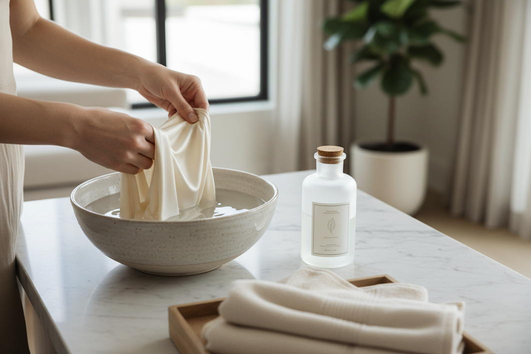 Silk fabric care scene with a gentle hand-wash setup and cool water for delicate laundry.