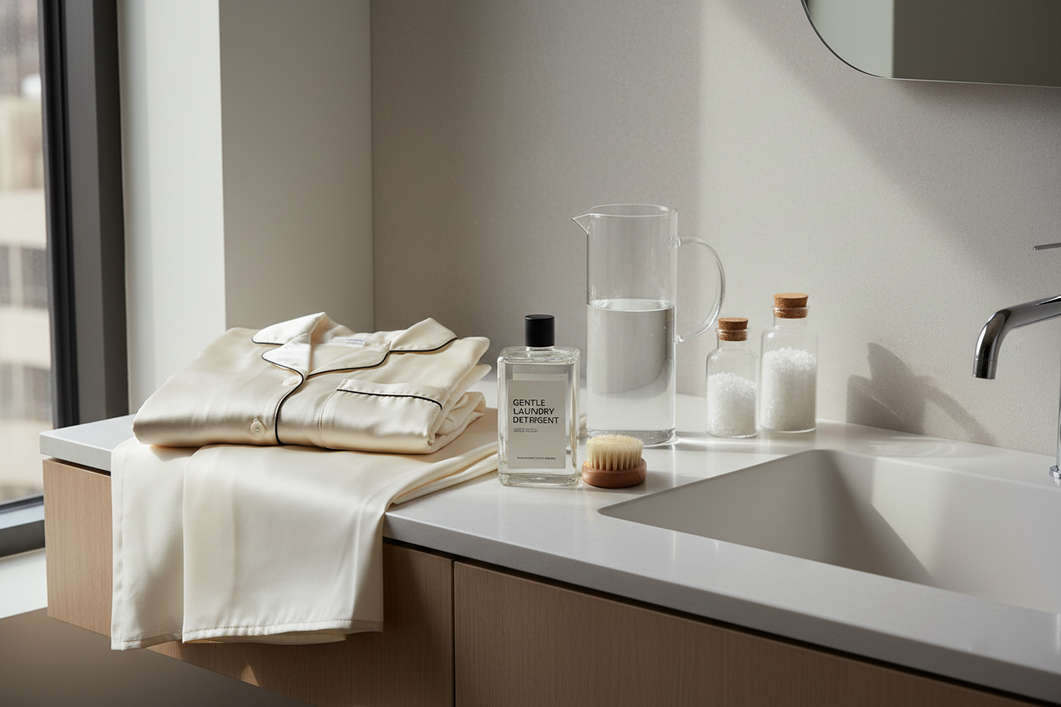 Silk pajamas and bedding prepared for a gentle hand wash with a clean basin and water-care tools in a modern apartment bathroom.