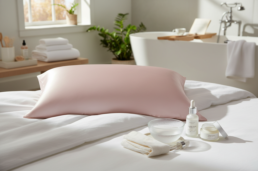 Silk pillowcase with gentle morning care after overnight skincare residue