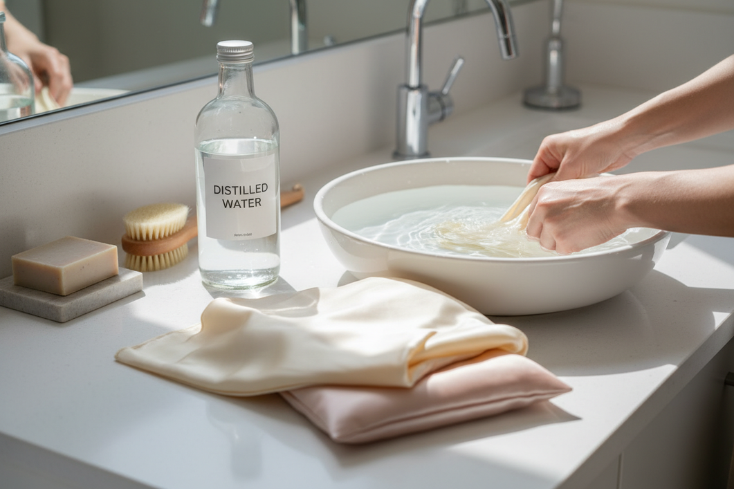 Silk hand-washing setup with a basin, distilled water, and folded silk fabric.