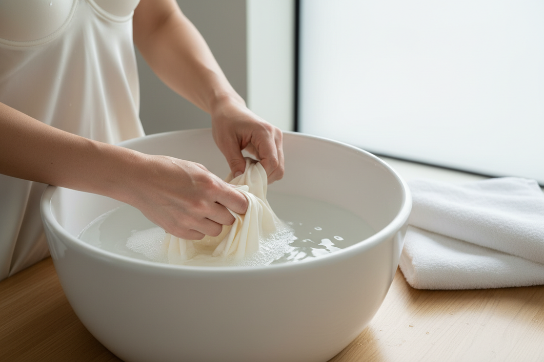 Silk camisole with built-in shelf bra being gently hand-washed and flat-dried