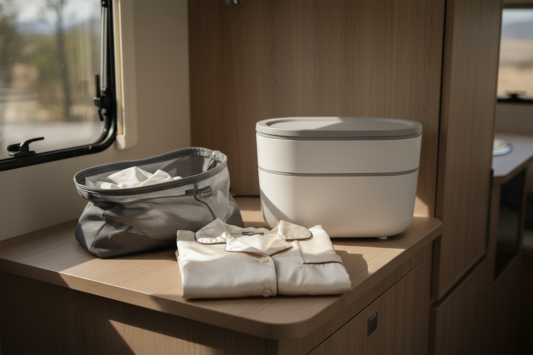 A travel-friendly silk care setup with a folded silk garment, mesh laundry bag, small portable washer, and soft natural light.