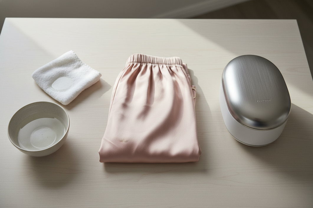 Silk pajama spot cleaning setup with a gentle cloth, a shallow bowl, and an ultrasonic jewelry cleaner shown nearby but not in use