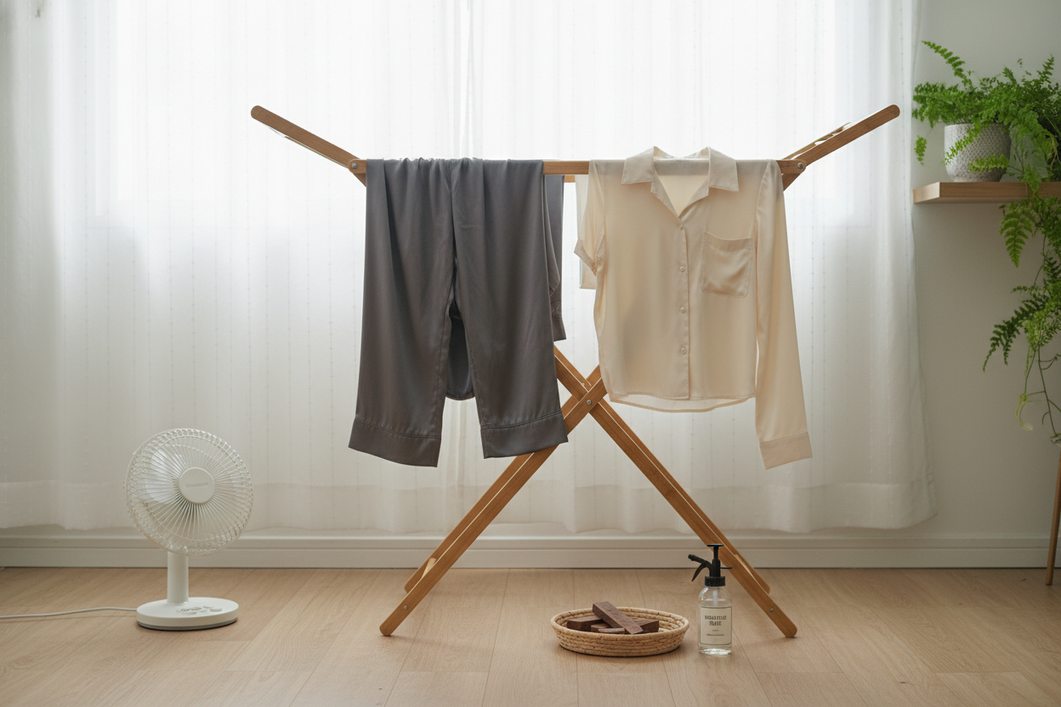 Silk garments drying indoors in a humid room with a fan and breathable rack