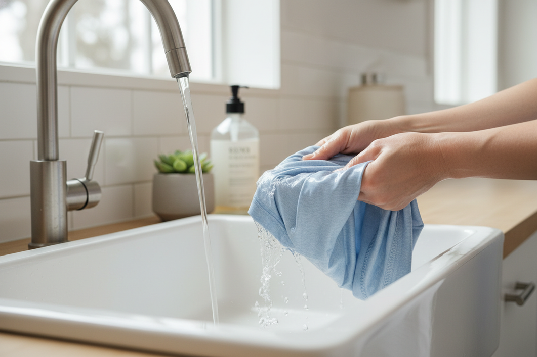 Silk workout top being gently rinsed after hot yoga
