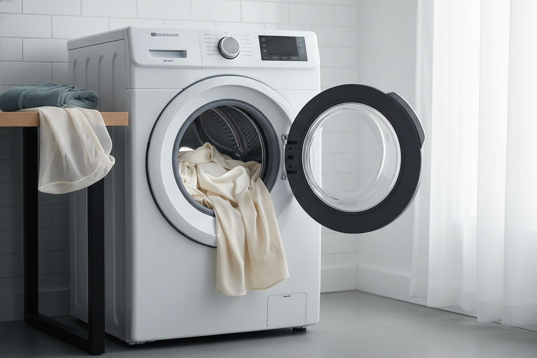 Silk garment prepared for a gentle wash in a front-load washing machine with a locking door