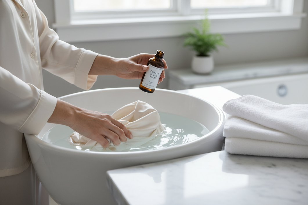 Silk pajamas being gently blot-dried and prepared for a careful hand-wash in a clean basin
