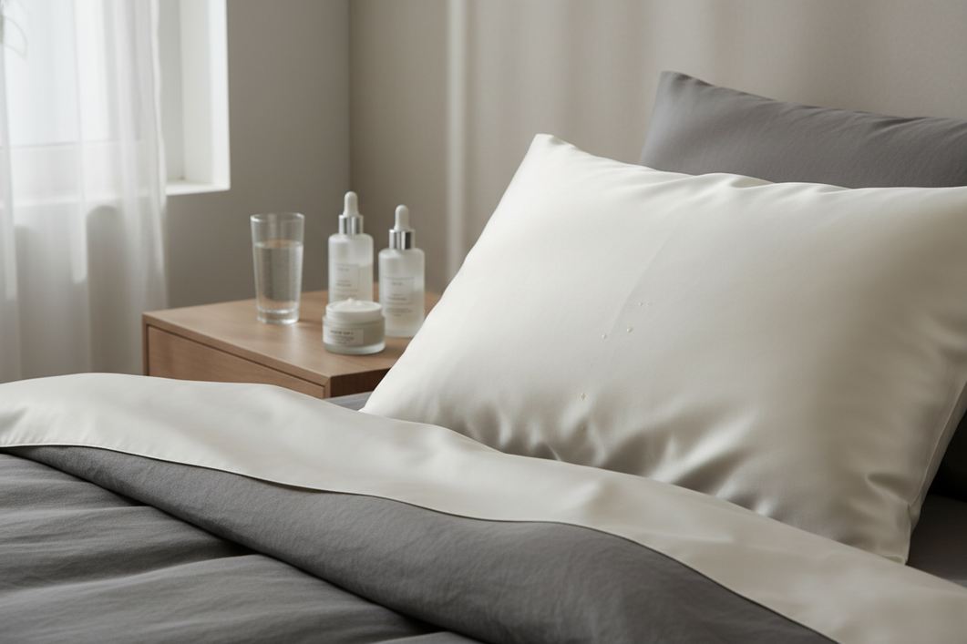 Elegant bedside scene with a silk pillowcase and simple skincare items nearby, illustrating gentle care after skincare residue transfer.