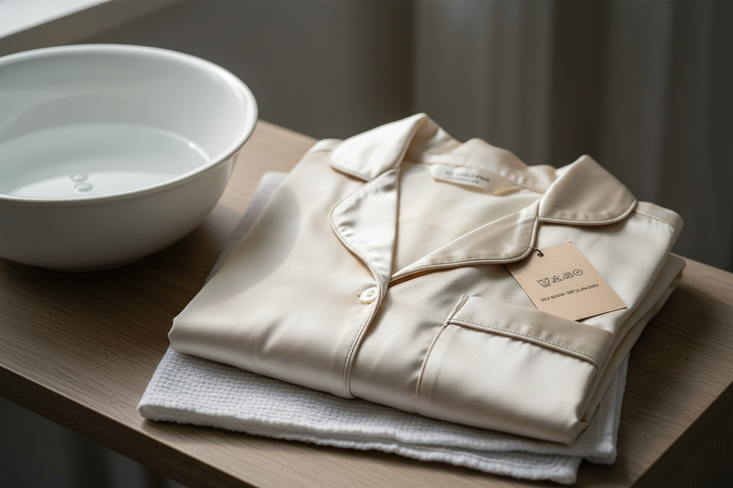 Silk pajama care scene with a clean basin, white cloth, and soft evening light