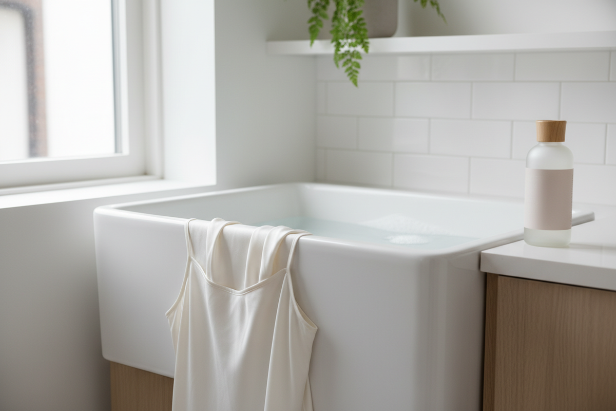 A silk garment beside a gentle wash basin in a clean home laundry setting