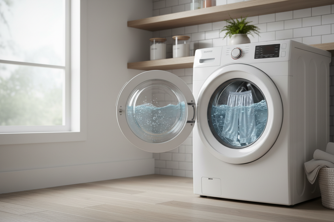 Silk pajamas being washed gently in a modern front-load washing machine with clean water and a calm laundry-room setting.