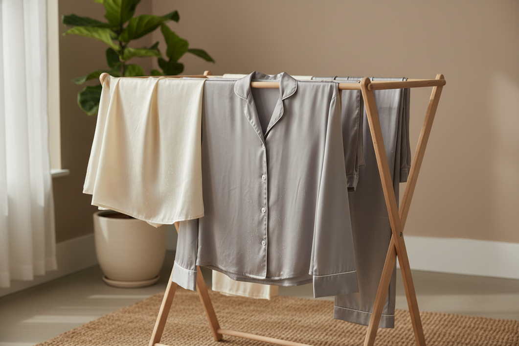 A silk pillowcase and silk sleepwear drying on an indoor rack with soft natural light, showing how hidden moisture can linger in delicate fabric.