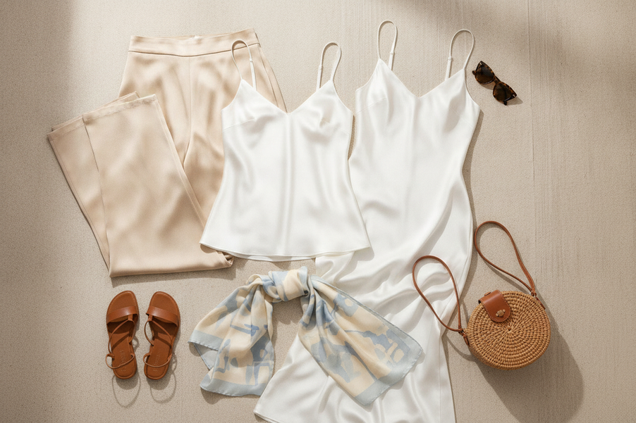 Flat lay of silk vacation outfits with camisole, slip dress, wide-leg pants, and a scarf for beach-to-dinner packing.
