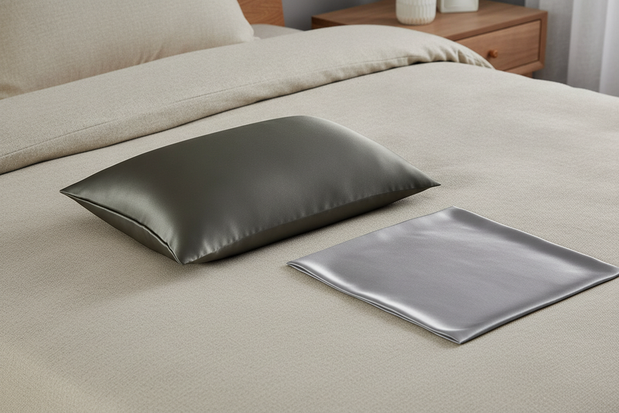 A smooth silk pillowcase beside a glossy satin fabric swatch on a neutral bedroom surface