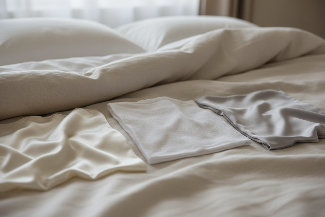 Silk, cotton, and polyester fabrics arranged side by side on a bed to compare nighttime comfort and texture.