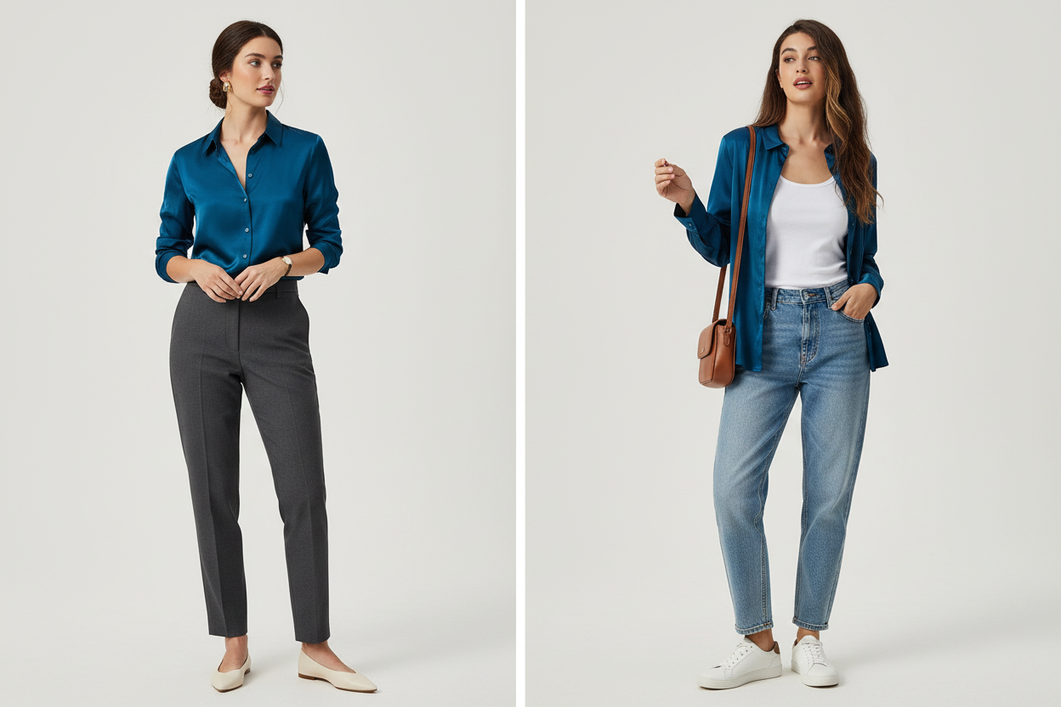A silk shirt styled with tailored trousers, jeans, and vacation-ready layers