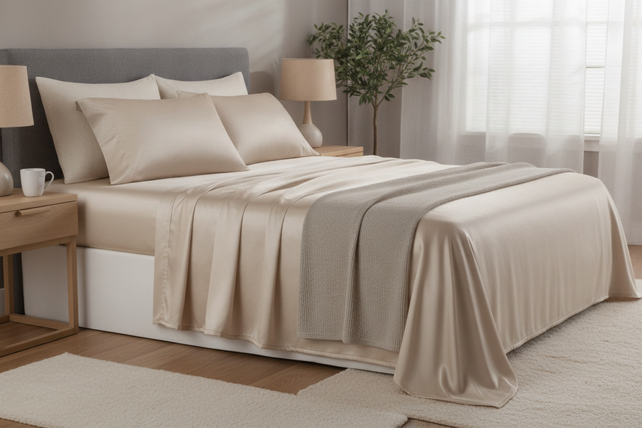 Silk bedding on a made bed in a calm bedroom setting