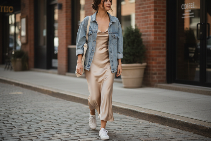 Woman wearing a silk slip dress with white sneakers and a denim jacket for a casual daytime outfit