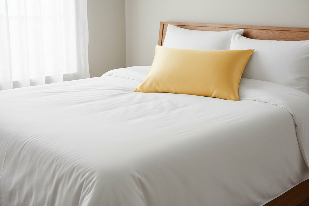 Silk pillowcase on a neatly made bed in a bright bedroom, shown as a premium product hero for checking silk quality details online