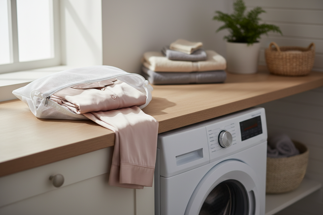 Silk pajama set in a laundry wash bag beside a washing machine, shown as a gentle care setup for machine washing delicates