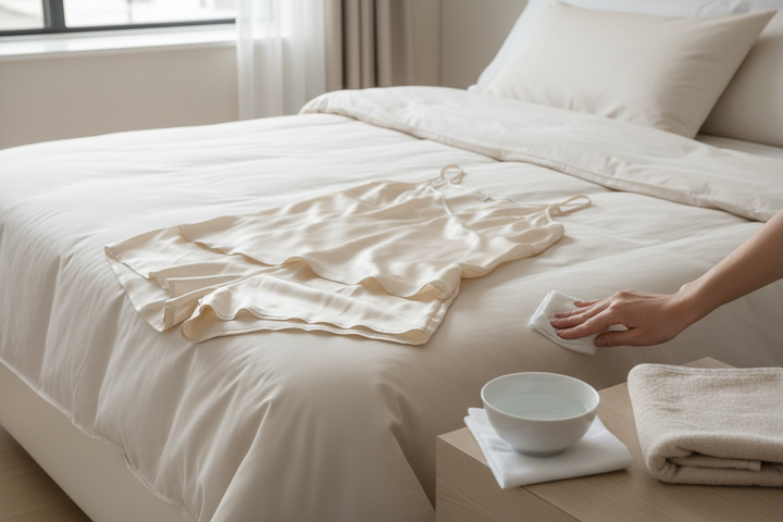 Silk sleepwear and bedding arranged on a bed with a gentle stain-cleaning setup nearby