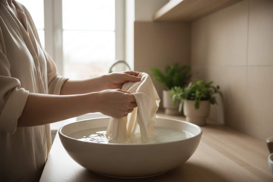 Silk garment being gently washed by hand in a clean basin, showing delicate fabric care at home