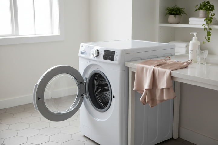 Woman’s silk sleepwear laid out on a laundry room counter beside a front-loading washing machine with the door open, showing a gentle machine-wash setup