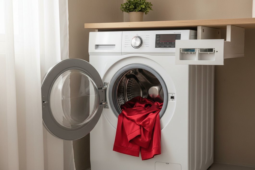 Silk pajamas laid in a front-load washing machine beside a dispenser drawer, showing a gentle laundry setup