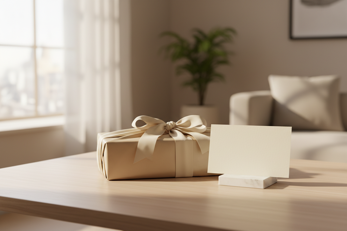 Silk gift note card next to a wrapped luxury sleepwear gift on a softly lit tabletop