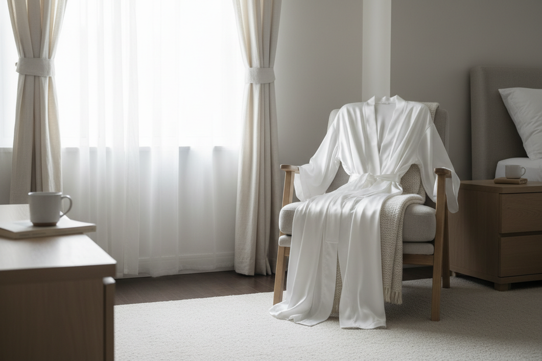 Silk bathrobe draped on a chair in a bright bedroom, styled as a soft everyday lounging layer
