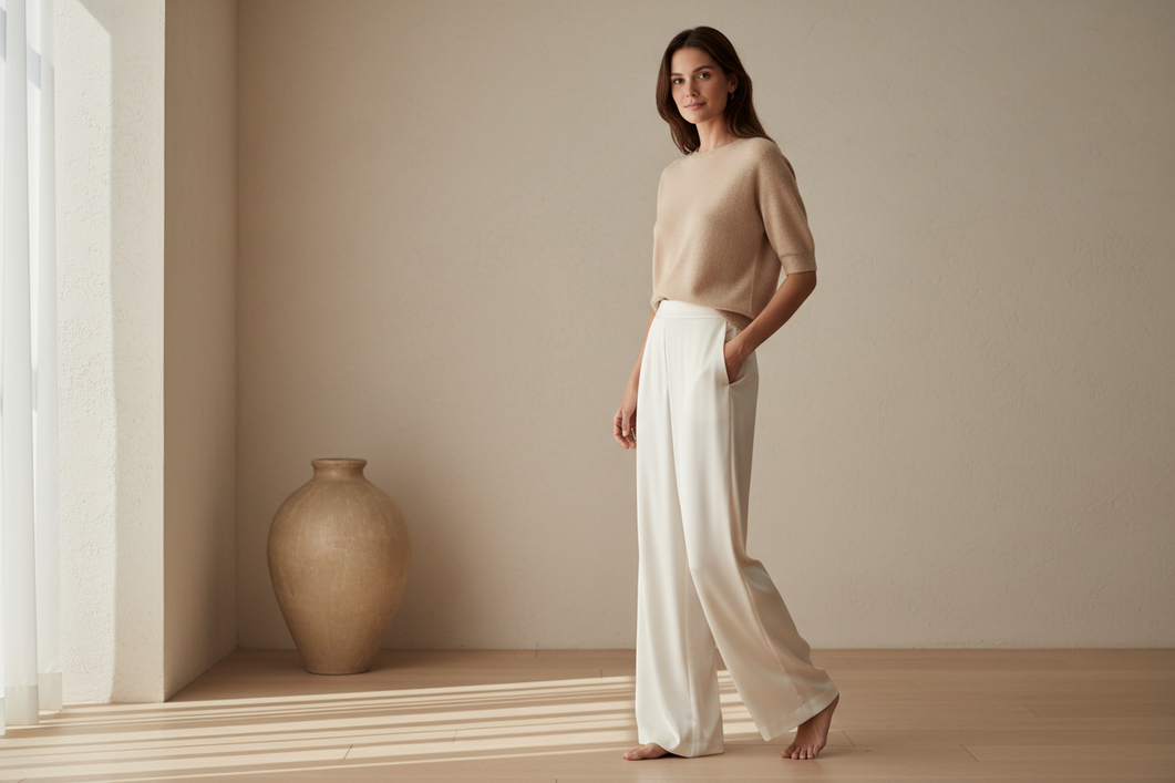 Woman wearing silk pants in a bright neutral setting, standing and seated views showing drape and coverage