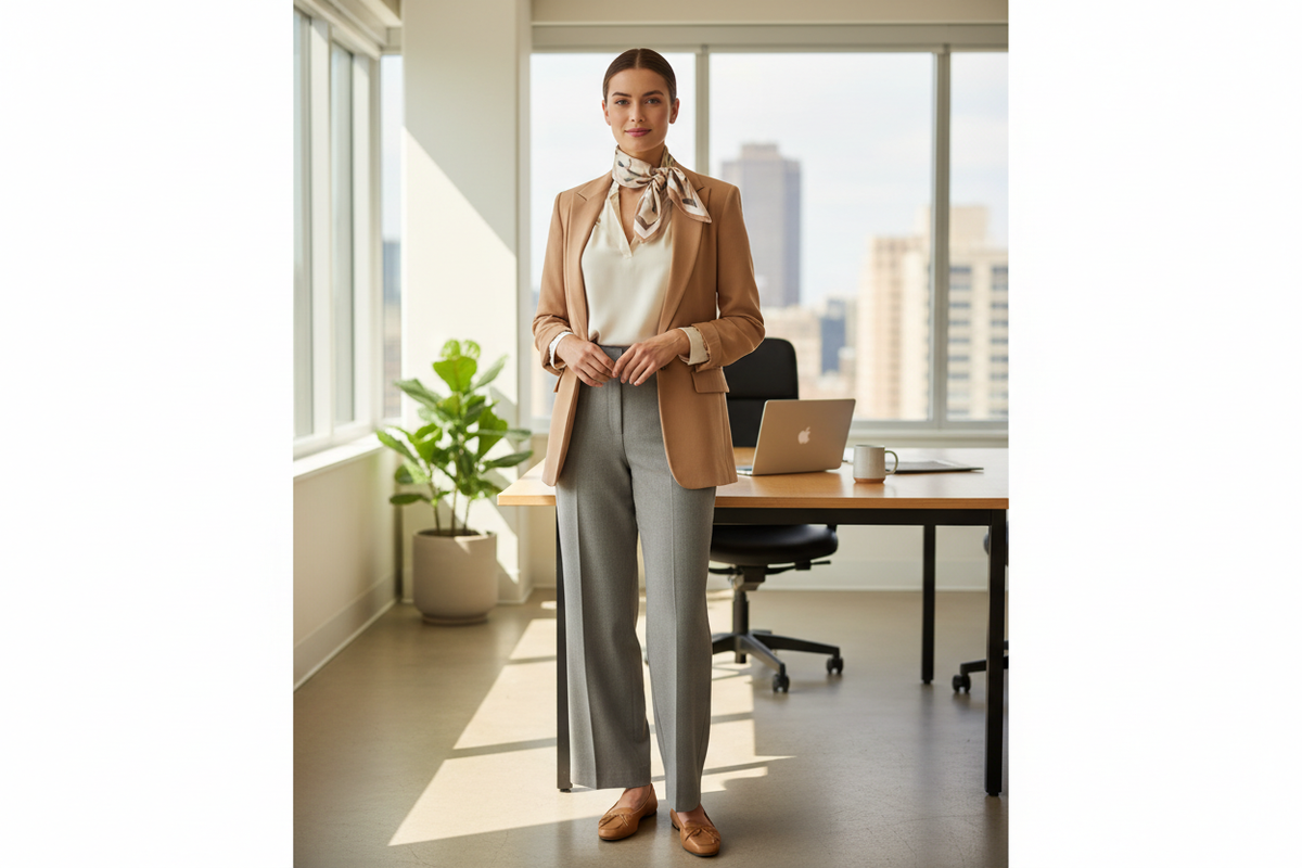 Professional woman wearing a silk neck scarf with a blouse in a business casual office setting