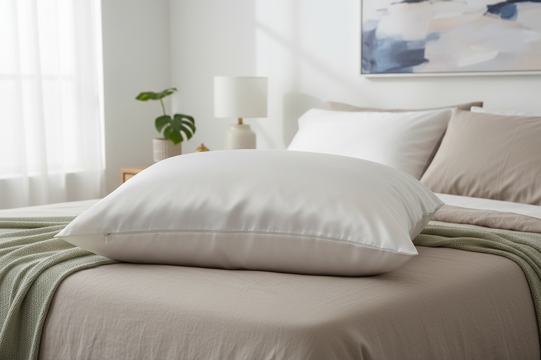 Silk pillowcase sized for a deep pillow on a neatly made bed, showing a full pillow fully enclosed with smooth corners and a secure closure